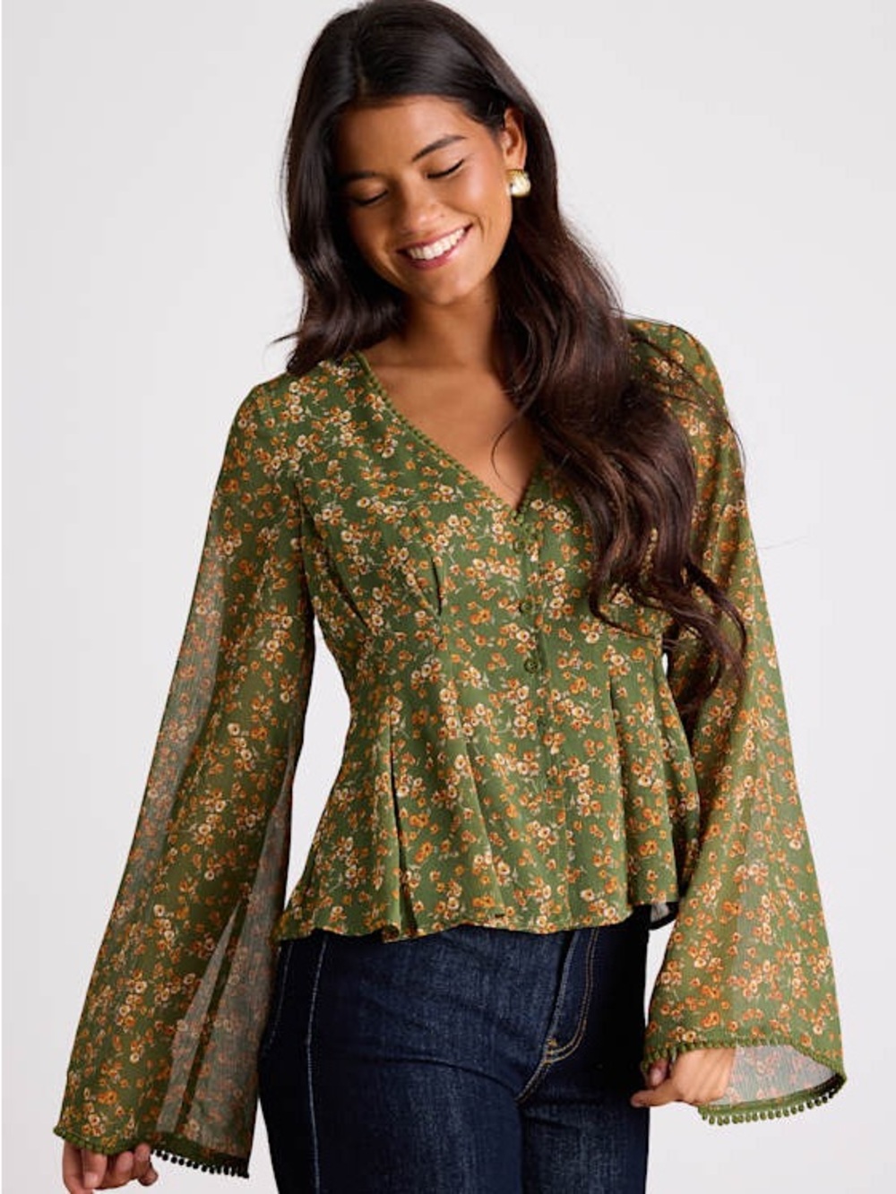 Merryn Olive Green Floral Button-Front Pleated Long Sleeve Top NWT